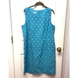 Talbots Dress Eyelet Lace Shift Blue Sleeveless Lined 100% Cotton Size 16P